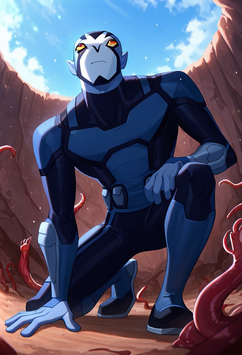 masterpiece, best quality, amazing quality, very aesthetic, absurdres, newest,
<lora:rook-10:1> rook, male focus, colored skin, alien, 1boy, yellow sclera, blue skin, white face, , red eyes, pointy ears, 
 blue bodysuit, armor, 
dynamic pose, hand on ground, kneeling with one foot, from below, looking up, worm view, ready to jump, blue sky,