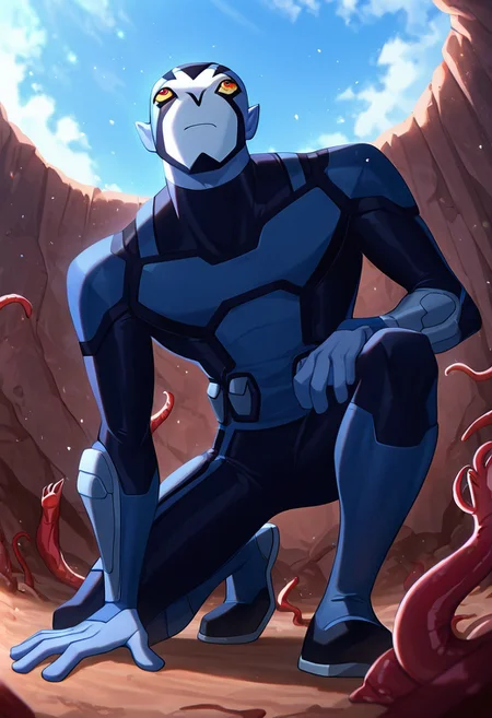 masterpiece, best quality, amazing quality, very aesthetic, absurdres, newest,
<lora:rook-10:1> rook, male focus, colored skin, alien, 1boy, yellow sclera, blue skin, white face, , red eyes, pointy ears,
blue bodysuit, armor,
dynamic pose, hand on ground, kneeling with one foot, from below, looking up, worm view, ready to jump, blue sky,