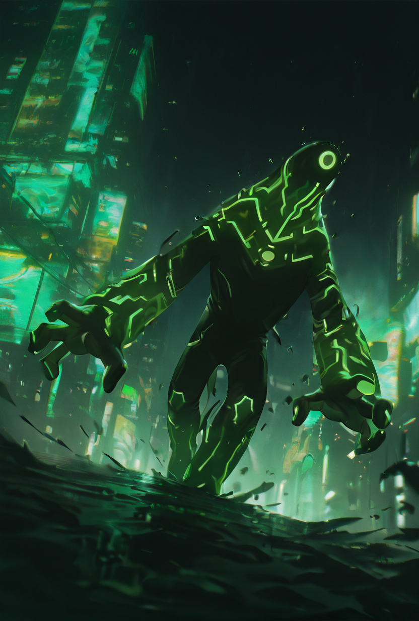 <lora:upgrade-08:1> upgrade, solo, no humans, neon trim, green strips, no humans, walking in cyberpunk city, green neon lights, dynamic pose,  dark background,  <lora:WSSKX_WAI:1>, masterpiece, best quality, amazing quality, very aesthetic, absurdres, newest,