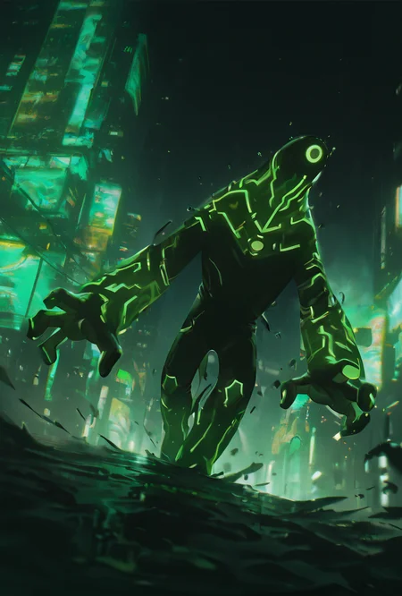 <lora:upgrade-08:1> upgrade, solo, no humans, neon trim, green strips, no humans, walking in cyberpunk city, green neon lights, dynamic pose,  dark background,  <lora:WSSKX_WAI:1>, masterpiece, best quality, amazing quality, very aesthetic, absurdres, newest,