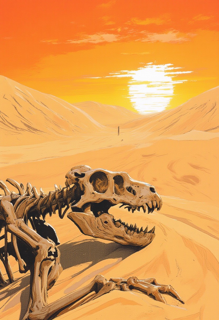 comic art by Mike Allred, 
A desolate desert under a blazing sun, where the sand dunes stretch out endlessly. Bright, shimmering mirages dance on the horizon, creating an illusion of water amidst the parched landscape. The skeleton of a massive beast lies half-buried in the sand, a testament to the harshness of the environment, 
in the style of decaying animatronic, claymation, VHS screen grab, grainy, old footage, in the style of an old 80's VHS dark fantasy, VHS screen grab, grainy, old footage
art by torikun, SentinelBot, OBxiaoxiang