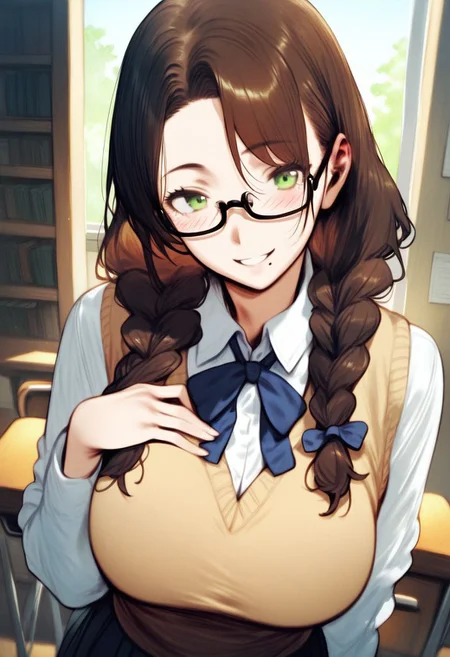 score_9, score_8_up, score_7_up, score_6_up, score_5_up, score_4_up, source_anime, <lora:SET v0.1:1>,
1girl, braid, glasses, solo, twin braids, brown hair, breasts, green eyes, mole, large breasts, school uniform, freckles, sweater vest, long hair, mole under mouth, looking at viewer, smile, blush, shirt, bookshelf, semi-rimless eyewear, hand on own chest, neck ribbon, ribbon, under-rim eyewear, hair over shoulder, cardigan vest, long sleeves, classroom,