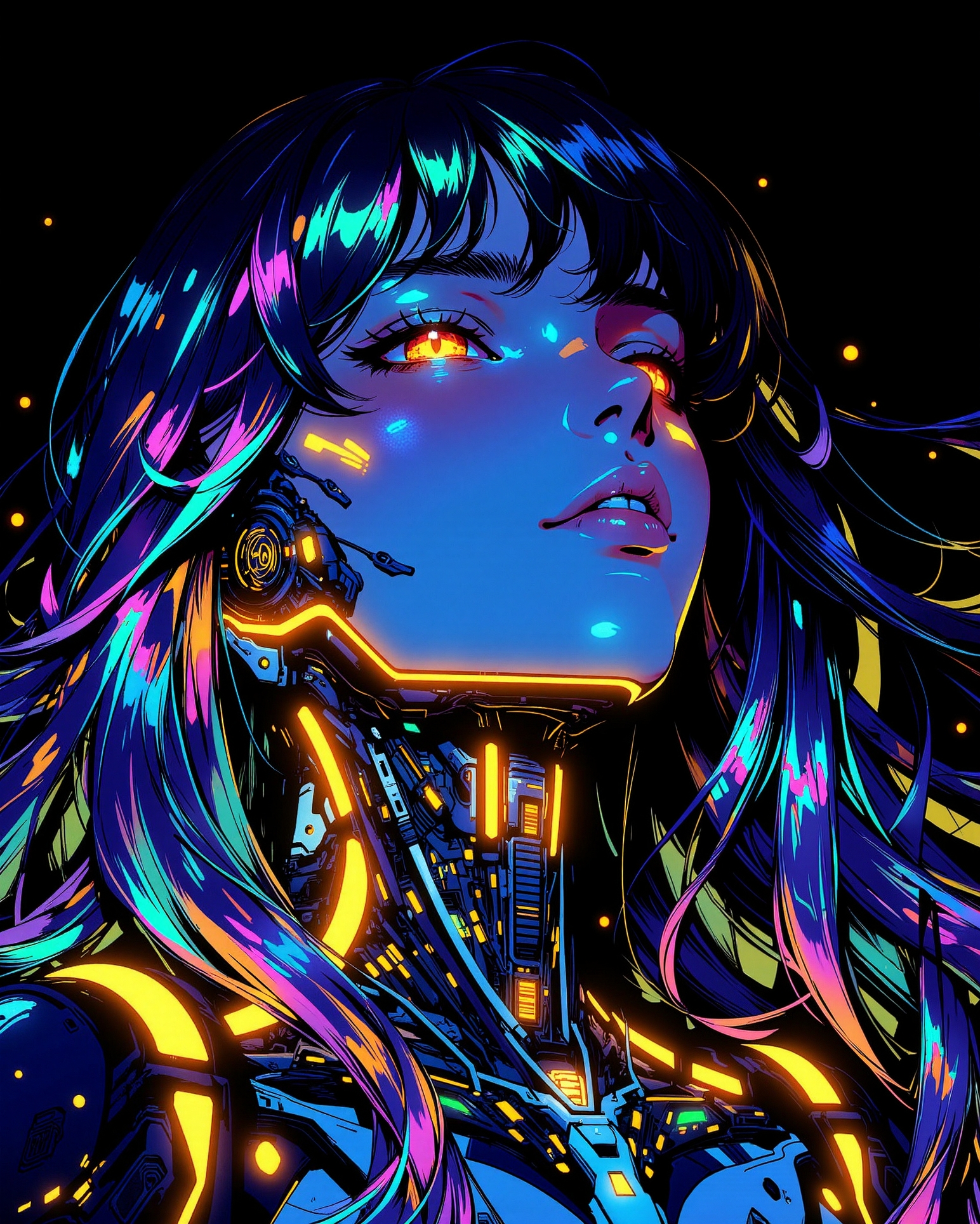 A digital anime artwork in the style of cklg, A striking close-up portrait of a woman with radiant beauty, her long, wavy hair flowing like a cascade of iridescent colors—vivid blues, purples, and greens shimmering as if infused with light. Subtle mechanical features, such as sleek metallic plating and intricate, glowing circuits, trace her jawline and neck in golden and orange hues, creating a stunning contrast against her cool-toned hair. The chiaroscuro lighting deepens the shadows, while vibrant neon lights in complementary colors—electric blue and golden orange—illuminate her features and cybernetic enhancements. The black background enhances the glow, with faint, colorful reflections dancing around her. Her expression is serene yet enigmatic, like a futuristic goddess glowing with an otherworldly, colorful aura.