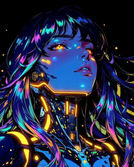 A digital anime artwork in the style of cklg, A striking close-up portrait of a woman with radiant beauty, her long, wavy hair flowing like a cascade of iridescent colors—vivid blues, purples, and greens shimmering as if infused with light. Subtle mechanical features, such as sleek metallic plating and intricate, glowing circuits, trace her jawline and neck in golden and orange hues, creating a stunning contrast against her cool-toned hair. The chiaroscuro lighting deepens the shadows, while vibrant neon lights in complementary colors—electric blue and golden orange—illuminate her features and cybernetic enhancements. The black background enhances the glow, with faint, colorful reflections dancing around her. Her expression is serene yet enigmatic, like a futuristic goddess glowing with an otherworldly, colorful aura.
