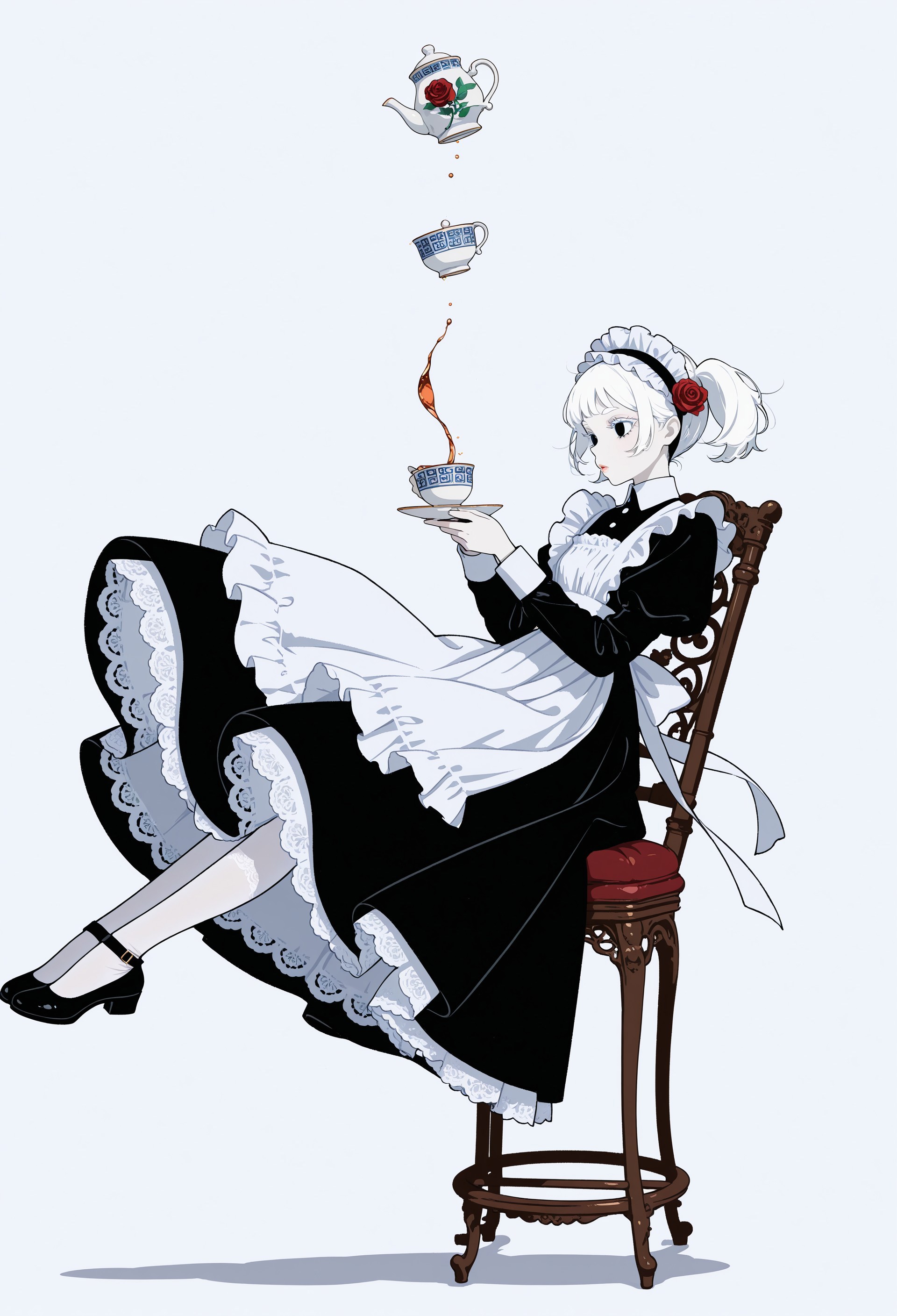 masterpiece, best quality, absurdres, minimalism, flat color,
1girl, solo, maid, maid apron, short black dress, long sleeves, white lace pantyhose, maid headdress, white embroidery, pale skin, red rose ornament on hair, white hair, white eyelashes, white eyebrows, porcelain skin, black eyes, glossy lips, short hair, twintails, cute, falling, midair, from side, drinking a cup of tea, floating ornate chair, floating chinaware, floating fancy paintings