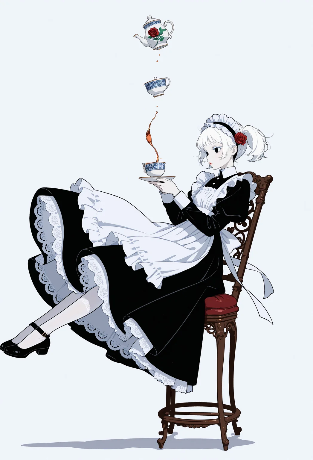 masterpiece, best quality, absurdres, minimalism, flat color,
1girl, solo, maid, maid apron, short black dress, long sleeves, white lace pantyhose, maid headdress, white embroidery, pale skin, red rose ornament on hair, white hair, white eyelashes, white eyebrows, porcelain skin, black eyes, glossy lips, short hair, twintails, cute, falling, midair, from side, drinking a cup of tea, floating ornate chair, floating chinaware, floating fancy paintings