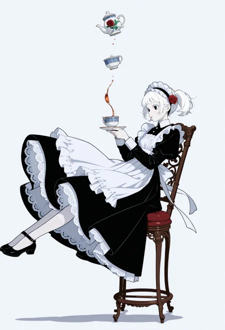 masterpiece, best quality, absurdres, minimalism, flat color,
1girl, solo, maid, maid apron, short black dress, long sleeves, white lace pantyhose, maid headdress, white embroidery, pale skin, red rose ornament on hair, white hair, white eyelashes, white eyebrows, porcelain skin, black eyes, glossy lips, short hair, twintails, cute, falling, midair, from side, drinking a cup of tea, floating ornate chair, floating chinaware, floating fancy paintings