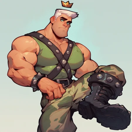score_9, score_8_up, score_7_up, score_6_up, <lora:jorgenVS-05:1>, jorgenvonst, 1boy, solo, white hair, crown, green tank top, chest harness, pants, camouflage, spiked bracelet, boots, male focus, muscular