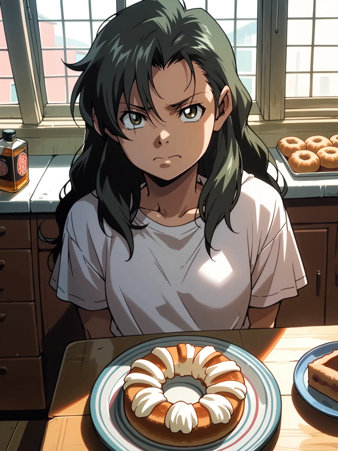 <lora:happy_tentacle-fabiola-v0.2-000026:1>, ht_fabiola, long hair, , , (, solo:1.1) (petite:1.2), <lora:Shed_The_Skin's StS_age_slider_v1_initial_release:-1.1> ( , , ( :1.2) , (wavy mouth:0.8) , (looking at viewer:0.6) :1.2) , indoors, ((dawn :0.6), (blue sky:0.6) :0.8), (open window :0.9), (furniture:0.9), (messy room, messy hair, trash:0.4) , , , , (modern architecture :0.8) , bakery , (chair, table:0.5), (soup , whiskey :0.8) (( from above :1.1) :0.8) score_9, score_8_up, score_7_up, score_6_up, score_5_up, score_4_up, [(realistic, photorealistic:1.2):realistic:12], [(3d:1.2)::12], <lora:LUUNA's Lunas-NijiJourney-SDXL-B2:0.35>, nijijourney <lora:prgfrg23's Counterfeit-V3.0 Style SDXL_LoRA_Pony Diffusion V6 XL:0.5> <lora:mfcg's mfcgXL:0.12> <lora:reweik's gyokai(himehajime)_PonyXL_style_v01:0.14>