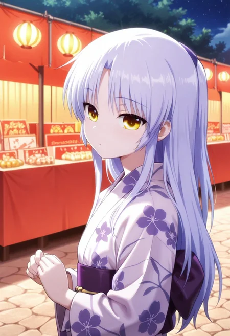 masterpiece,best quality,amazing quality, tachibana kanade, white hair, long hair, yellow eyes, 1girl, solo, yukata, festival, japanese clothes