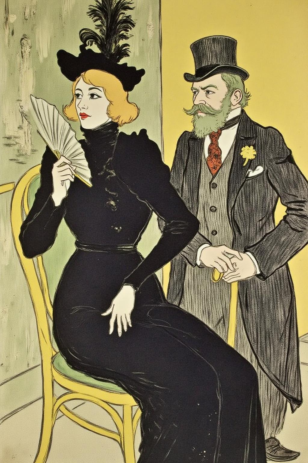 lautrec1 illustration rendered in a stylized, Art Nouveau style typical of the era, with a pastel color palette dominated by shades of green, yellow, and brown. The central figure is a woman dressed in a dark, long coat and a high-crowned hat adorned with a large, decorative feather. She has a pale complexion and her hair is styled in a bob with a slight wave. Her expression is serene, and she holds a fan in her left hand. She is seated on a chair with a curved back, which is painted in a light, almost transparent yellow. To her right, a man with a full beard and mustache is partially visible, wearing a dark suit and a bowler hat. He appears to be leaning on a cane, with a more relaxed posture. 
 <lora:lautrec1_cap_d6a3e11:1.0><lora:810949238050761587:0>