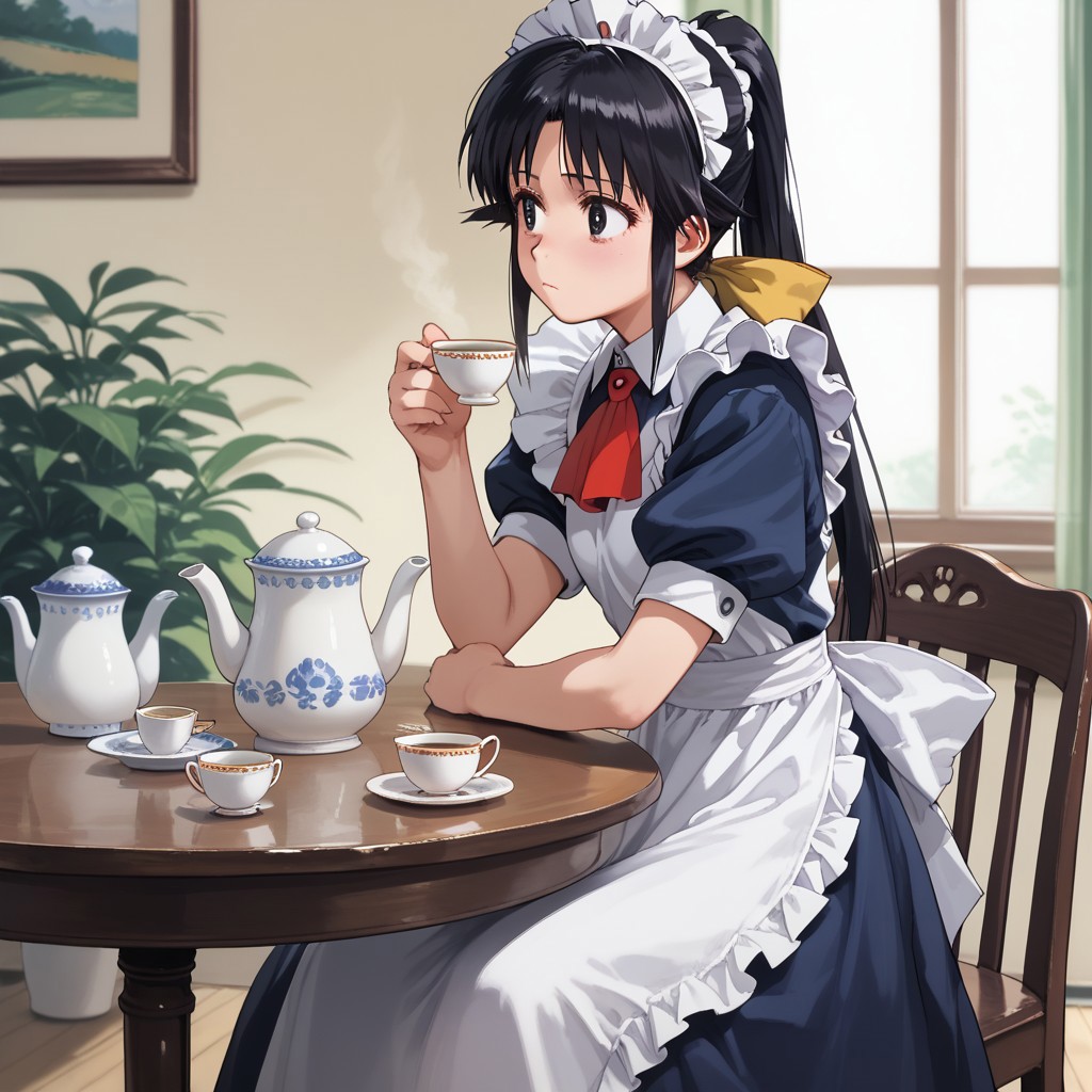 score_9, score_8, score_7, break, solo, mahoro_a, long hair, black hair, ponytail, maid headdress, maid, apron, ascot, bow, sitting, table, tea