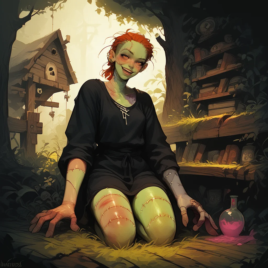 (score_9, score_8_up, score_7_up),1girl, 
kneeling, washing floor, bucket of water, smiling at viewer, perfect wife, cowboy shot, 
slice of life, magic potion, wood bench, weeds, wood house, books in shelf, sunny day, perfect light, stitches kit, surgery stuff, warm and cosy atmosphere,
 <lora:Zombie_girl_LASCALAE:1>, z0mb13_g1rl_lascalae, green skin, white skin, stitches all over body, burn mark, patchwork skin, zPDXL2,<lora:add-detail-xl:1>,ultra sharp focus, sfw,
 <lora:Sinozick_Style_XL_Pony:1>, sinozick style, flat color, dark theme,