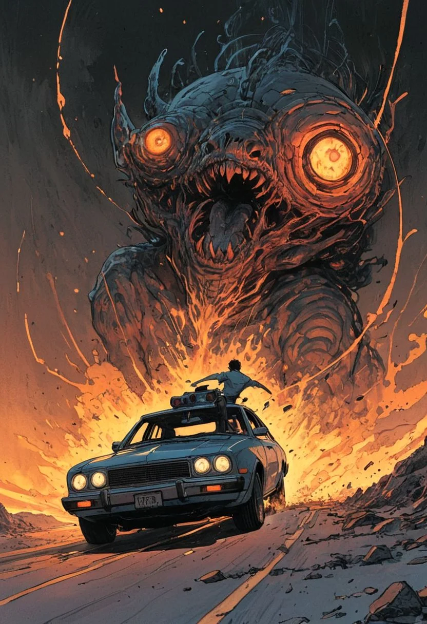 S_JStyle , DnD_Grainyboyz, grainy, noise,
daemon , car chase, epic, action, cinematic, motion trails,
by Lois van Baarle Jason A. Engle Gerald Brom Yoshitaka Amano Moebius, Victo Ngai Katsuya Terada,