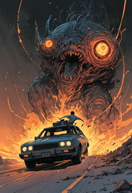 S_JStyle , DnD_Grainyboyz, grainy, noise,
daemon , car chase, epic, action, cinematic, motion trails,
by Lois van Baarle Jason A. Engle Gerald Brom Yoshitaka Amano Moebius, Victo Ngai Katsuya Terada,