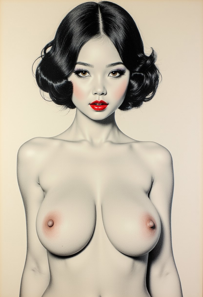 vtgbrst. HS28008. 
A sketch in simple graphite pencil, (upper-body portrait) of a young Japanese woman, vintage, chic, fair skin, beautiful, shoulder-length dark brown hair, red lips, long black eyelashes, bright gray-blue eyes, eye detail, clarity, vivid colors, chiaroscuro lighting, nude, intricate details, hyper-detailed, hyper-realistic, professional photoshoot. Her large HSstsaerb are visible with detailed red HSselppin and red HSealoera.