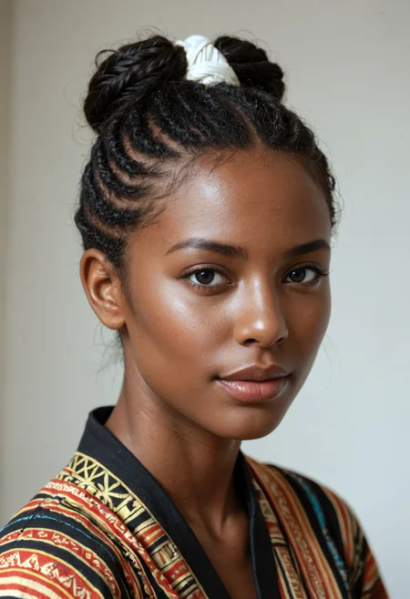 CyberRealisticPony_POSV1, 1girl, solo, 25 years old Kenyan black woman, black hair, black eyes, detailed face, face focus, eyes, wearing African clothes, African head wrap