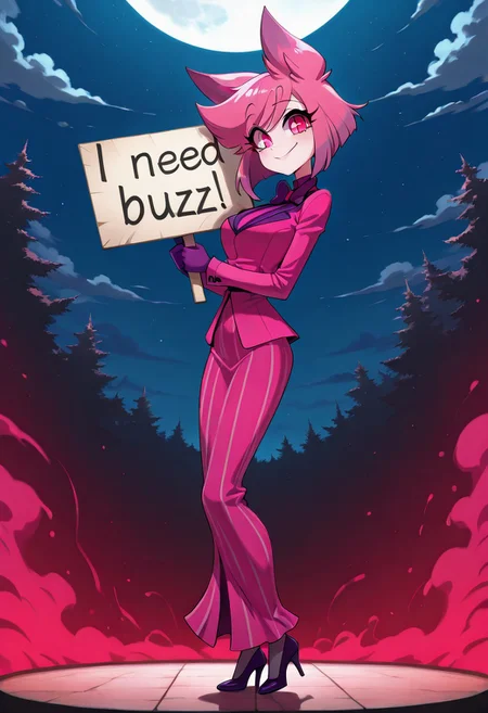 score_9, score_8_up, score_7_up, masterpiece, best quality, amazing quality, extremely detailed, absurdres, sfw, 1girl, pink hair, pink eyes, pink peacoat, bowtie, long skirt, pink skirt, pink high heels, purple gloves, solo, night, moonlight, standing in hell, giving concert, outside, side view, holding sign, "I need buzz!" is written on the sign, need_buzz, smile, highly detailed, soft colors.
