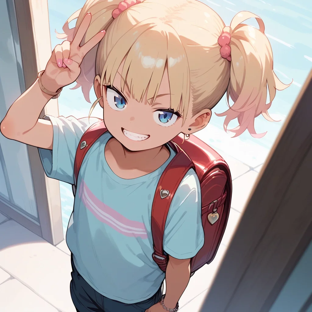 score_9, score_8_up, score_7_up,source_anime, cowboy shot,
1girl,(child:1.5),twintails, (gyaru:1.2),standing,(grin:1.2),half-closed eyes,blue eyes,short shorts, (arm up,peace sign:1.3),(looking at viewer:1.4),blue t-shirt,hand in pants pocket,
(anime screencap,anime coloring,megami magazine,yumekawaii:1.1), <lora:randoseru_pony_v4:1:lbw=0,0,0,0,0,0,1,1,0,0,0,0>randoseru,backpack,from above