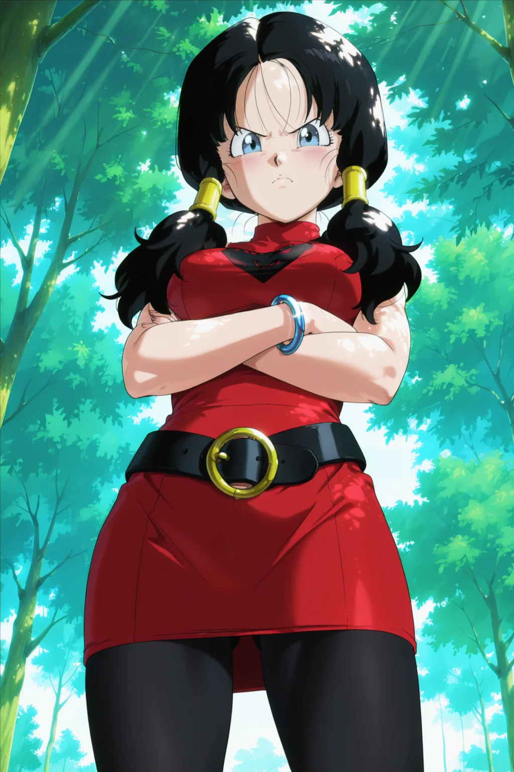 anime screencap, masterpiece, best quality, amazing quality, very aesthetic, absurdres, newest, (scenery, volumetric lighting), dappled sunlight,
videl, twintails, long hair, black hair, hair tubes, blue eyes, devil dress, turtleneck, red dress, sleeveless dress, print dress, symbol, bracelet, black belt, pantyhose, black legwear, v-shaped eyebrows, from below, annoyed, crossed arms, cowboy shot, tsundere, outdoors, nature, dappled sunlight, tree, looking at viewer,
<lora:Videl_IL_v2:0.8>