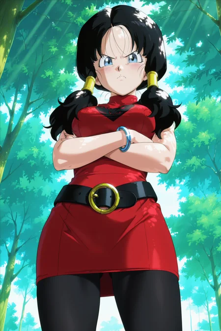 anime screencap, masterpiece, best quality, amazing quality, very aesthetic, absurdres, newest, (scenery, volumetric lighting), dappled sunlight,
videl, twintails, long hair, black hair, hair tubes, blue eyes, devil dress, turtleneck, red dress, sleeveless dress, print dress, symbol, bracelet, black belt, pantyhose, black legwear, v-shaped eyebrows, from below, annoyed, crossed arms, cowboy shot, tsundere, outdoors, nature, dappled sunlight, tree, looking at viewer,
<lora:Videl_IL_v2:0.8>