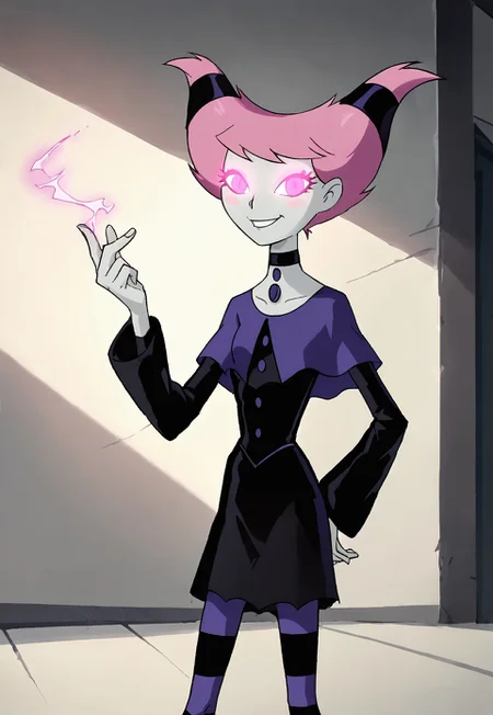 safe_pos, <lora:JinxTTPony1.2:0.8> jinx, 1girl, pink hair, capelet, grey skin, hair ties, long sleeves, choker, solo, pink eyes, blush stickers, black dress, chest jewel, smile, striped pantyhose, small breasts, solo, smile, score_9, score_8_up, score_7_up, score_6_up, score_5_up, score_4_up, looking at viewer, snappingfingers, { effect |pink aura }, glowing eyes, portrait,
