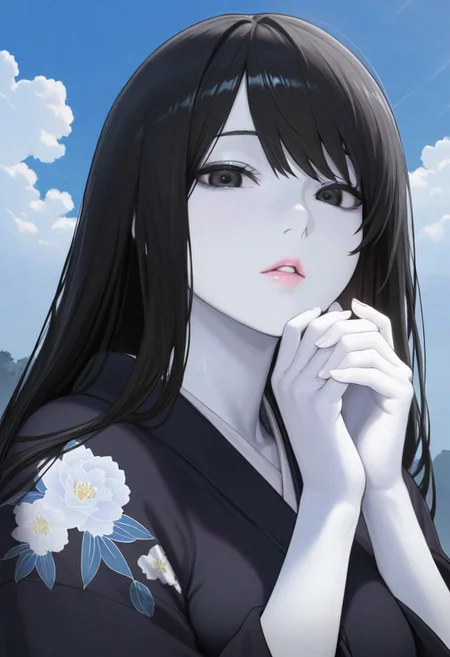 1girl, sky, black hair, long hair, masterpiece, black eyes, colored skin, (white skin:1.3), Yuki-Onna parted lips, looking at viewer, black kimono, floral print, outdoors, hands held together on stomach, cloud, volumetric lighting, blue sky, portrait, upper body,