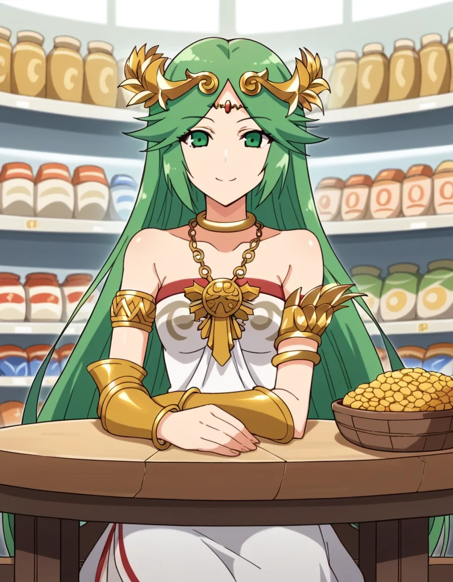 score_9, score_8_up, score_7_up, source_anime, <lora:palutena-trailer-ponyxl-lora-nochekaiser:1>, palutena, long hair, bangs, very long hair, green eyes, green hair, parted bangs,, dress, bare shoulders, jewelry, necklace, white dress, strapless, tiara, strapless dress, armlet, neck ring, gold,, weapon shop, weapons, display, store, items, smile, sitting, elbow rest, table,, looking at viewer, solo,, dutch angle, cowboy shot