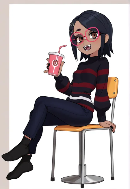 purcubo, 1girl, solo, glasses, hair ornament, hairclip, sitting, black hair, looking at viewer, chair, black nails, brown eyes, smile, socks, open mouth, dark-skinned female, sweater, drinking straw, asymmetrical bangs, fangs, full body, dark skin, nail polish, pants, cup, teeth, long sleeves,
 <lora:Purcubo:1>, masterpiece, best quality, amazing quality, very aesthetic, absurdres,  newest,