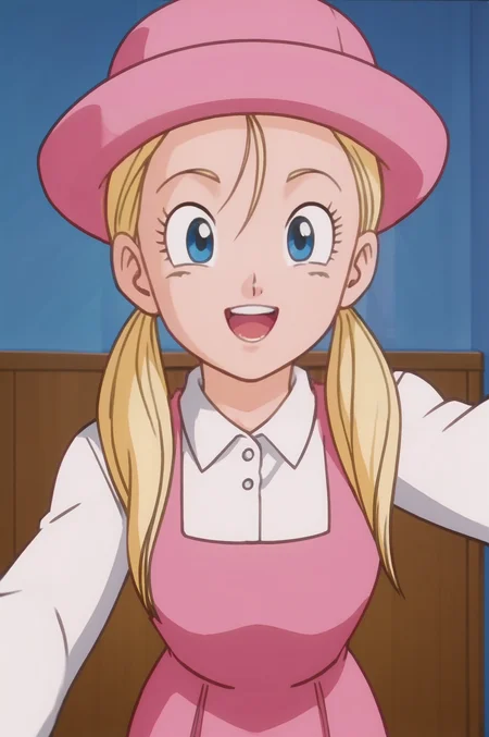 source_anime, score_9, score_8_up, score_7_up, anime screencap, absurdres,
marron, official style, 1girl, solo, long hair, smile, open mouth, blue eyes, blonde hair, pork pie hat, twintails, white shirt, upper body, :d, teeth, collared shirt, low twintails, upper teeth only, pink dress, pink headwear, looking at viewer, selfie, long sleeves, sleeveless dress, eyelashes, indoors, mansion,
<lora:marron_pony_v2:0.8>