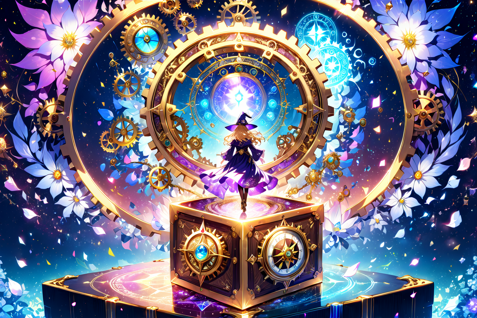 slvt, 1girl, cinematic angle, witch, wizard, robe, depth of field, light particles, magical effect, Gears, machine boxes, compass, Pandora's box, magic circle, light particles, Narcissus, petal, Double Exposure style, [(black background:1.2)::0.2], (fractal background:1.2), ultra detailed, (masterpiece, best quality:1.4), [<lora:detailed_notrigger:1.15>::0.5], [:<lora:detailed_hands:1.05>:0.5],  <lora:Monster_in_a_Box_SDXL:1.05> <lora:Double Exposure style:1>