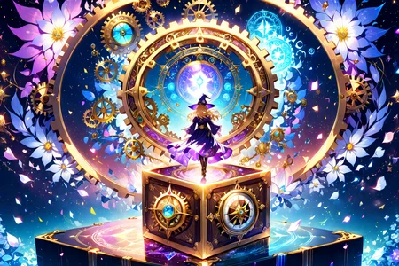 slvt, 1girl, cinematic angle, witch, wizard, robe, depth of field, light particles, magical effect, Gears, machine boxes, compass, Pandora's box, magic circle, light particles, Narcissus, petal, Double Exposure style, [(black background:1.2)::0.2], (fractal background:1.2), ultra detailed, (masterpiece, best quality:1.4), [<lora:detailed_notrigger:1.15>::0.5], [:<lora:detailed_hands:1.05>:0.5],  <lora:Monster_in_a_Box_SDXL:1.05> <lora:Double Exposure style:1>