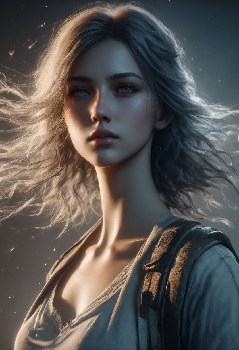 Minimalism, A character with an overhead view angle, lens flares, more dramatic lighting, deeper, a colder color grading, sweat, her expression is of fierce determination, 8k resolution, ultra HDR, and ghostly beauty. hourglass body with The image should reflect intricate details, raw photo quality, and a windy atmosphere. She is holding a sword in her hand. Make her wear shorts clothes. Add more realistic skin. Clear background. Make her more realistic. Remove motion blur. Make image quality same midjourney. Make image same concept game. Make her details and sharpness. Make her skin natural. Concept art portrait by Gottfried Helnwein. Add more graphics quality of Unreal Engine 5.