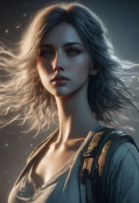 Minimalism, A character with an overhead view angle, lens flares, more dramatic lighting, deeper, a colder color grading, sweat, her expression is of fierce determination, 8k resolution, ultra HDR, and ghostly beauty. hourglass body with The image should reflect intricate details, raw photo quality, and a windy atmosphere. She is holding a sword in her hand. Make her wear shorts clothes. Add more realistic skin. Clear background. Make her more realistic. Remove motion blur. Make image quality same midjourney. Make image same concept game. Make her details and sharpness. Make her skin natural. Concept art portrait by Gottfried Helnwein. Add more graphics quality of Unreal Engine 5.
