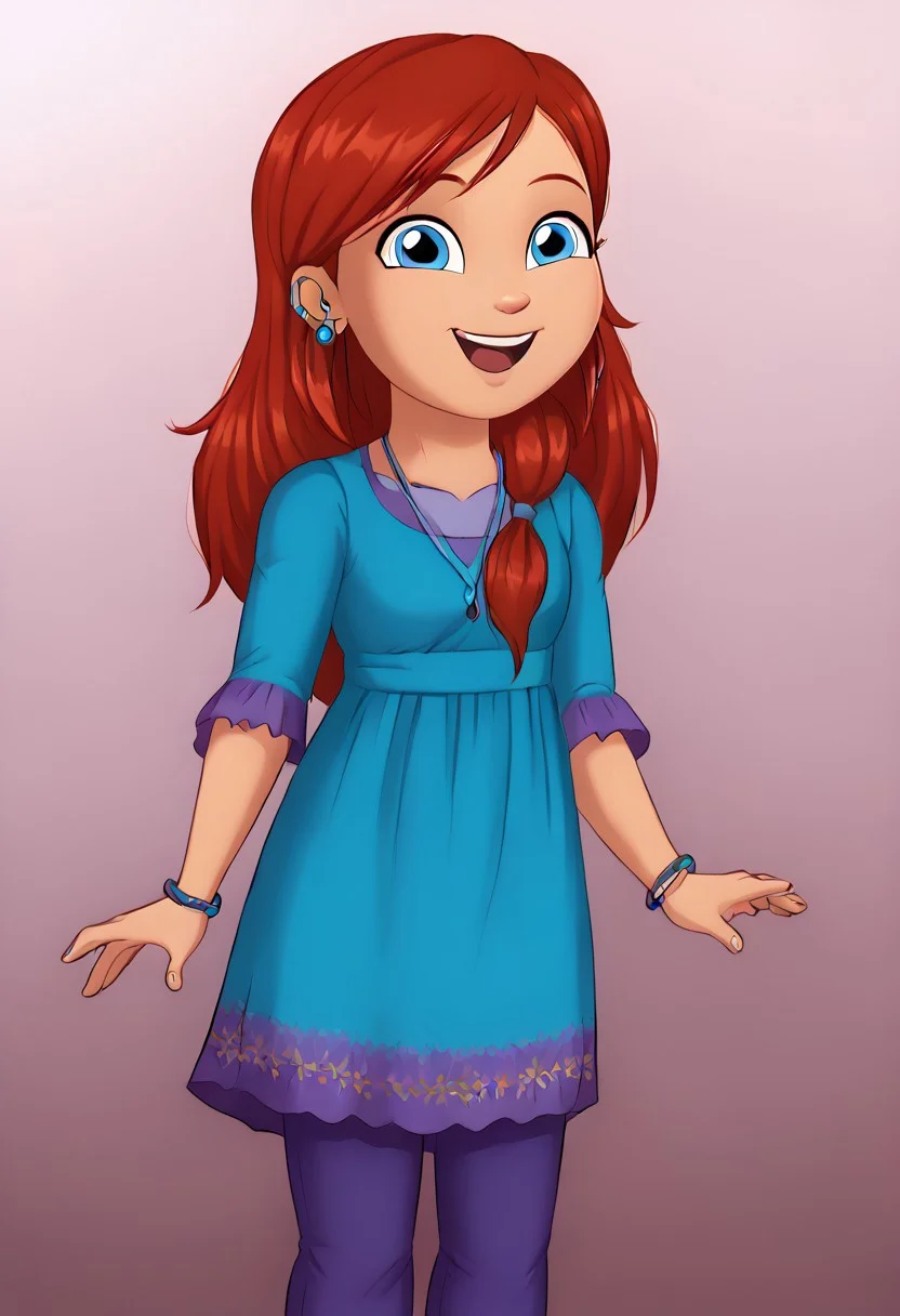 score_9, solo, kate_df, 1girl, long hair, red hair, blue eyes, earrings, cute, happy, dress, dark purple pants, solo girl,
