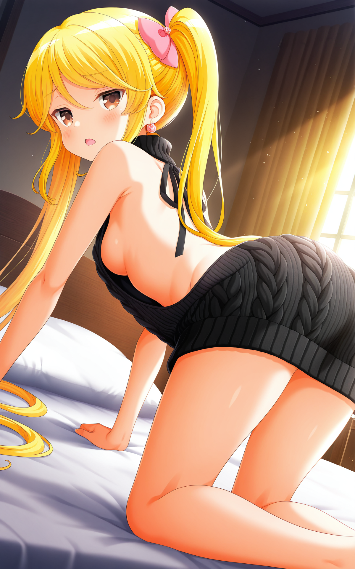 masterpiece,best quality,good quality,newest,4k,perfect lighting,cinematic,very aesthetic,official art,anime screencap,anime coloring,indoors,bedroom,cutrains,
1girl,solo,tokitani koruri,blonde hair,twintails,long hair,small breasts,pink hair bow,
black sweater,virgin killer sweater,sleeveless,sideboob,midriff,thighs,feet out of frame,breast focus,upper body,
jitome,half closed eyes,open mouth,blush,looking back,looking at viewer,all fours,on bed,from side,BREAK
<lora:ILkoruri:1>