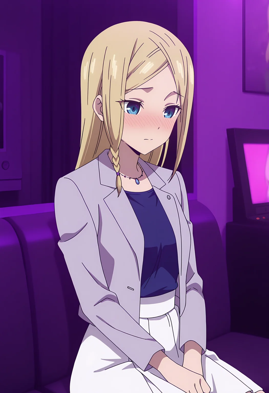 anime screencap, masterpiece, best quality,
<lora:Kaguya-samaWaKokurasetai_HayasakaAi_IlluXL:0.9>,
1girl, solo, nose blush,
straight hair, single braid, parted bangs, long hair, blonde hair, blue eyes,
grey jacket, necklace, dark blue shirt, long sleeves, white skirt,
sitting, cowboy shot,
karaoke box, purple theme, photo background, blurry background