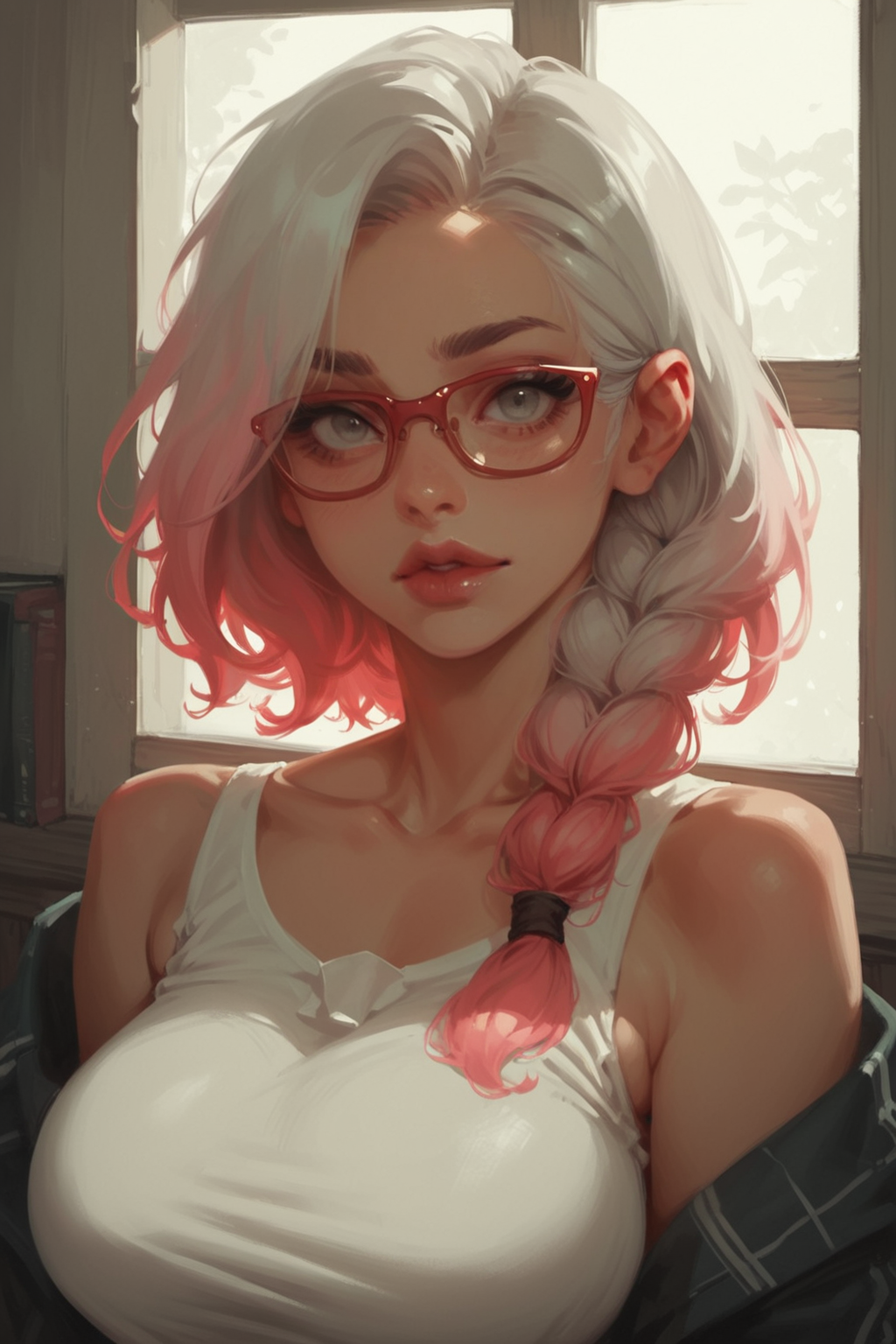 1girl, solo, looking at viewer, collarbone, window, bare shoulders, indoors, ,  eyelashes, portrait, breasts,  upper body, spot color, gradient hair, glasses, braid, large breasts, two-tone hair, upper body, monochrome, pink hair,  red-framed eyewear, greyscale, medium hair, white hair, grey eyes, colored tips, zPDXL3, detailxl,  Score_PnyReal, (lineless:1.5)
