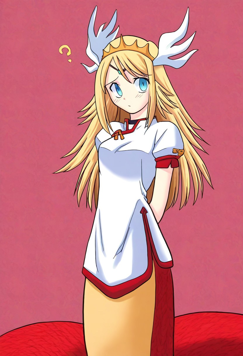 masterpiece, best quality, absurdres, highres,
PADechidnaE,1girl, lamia, monster girl, blonde hair, blue eyes,
tail, red scale,headdress,choker,
black china dress, chinese clothes, confused, baffled, dumbfounded, facefault, funny, comedy, question mark background
,<lora:Tsukihime NXL:1>