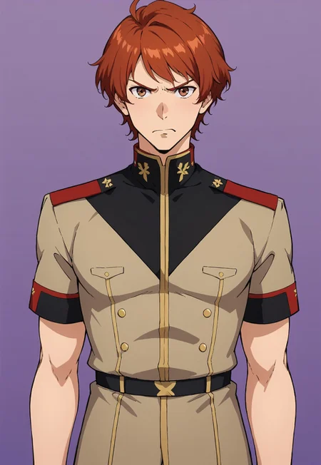 score_9, score_8_up, score_7_up, source_anime, cowboy shot, front view, BREAK, ( lane_aim, brown eyes, auburn hair, best eyes, looking at viewer, eff uniform, determined expression, ) 1boy, male focus, solo, BREAK, dynamic purple background,