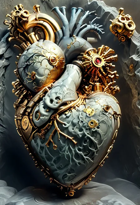 a young woman clutches her mechanical heart in her chest which is rendered in Greys anatomical style with bolts and screws and steampunk valves, it has broken, a small bit of steam escapes from a valve in the heart, and the cracks on her body and heart fill with gold and she turns to marble, 
statue, sculpture,  ArsMJStyle, Rococo Steampunk, DonMSt34mPXL, overgrown, heart art