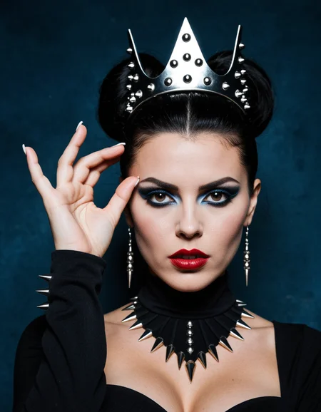score_9, score_8_up, score_7_up, realistic, masterpiece, best quality, highres, Mystic Vogue 80s Occult Pop, The image is a portrait of a woman with dark hair and dramatic makeup. She is wearing a black dress with a high neckline and long sleeves. Her hair is styled in a dramatic updo with a large headpiece that is made up of spikes and spikes on top of her head. The woman's face is painted with dark red lipstick and her eyes are accentuated with a dramatic eye makeup look. She has a serious expression on her face and her hand is raised in a gesture of power. The background is a deep blue color giving the image a dramatic and edgy feel. The overall mood of the image is dark and mysterious., 1girl, solo, black hair, makeup, jewelry, earrings, crown, short hair, lipstick, hand up <lora:Mystic_Vogue_80s__Occult_Pop:1>