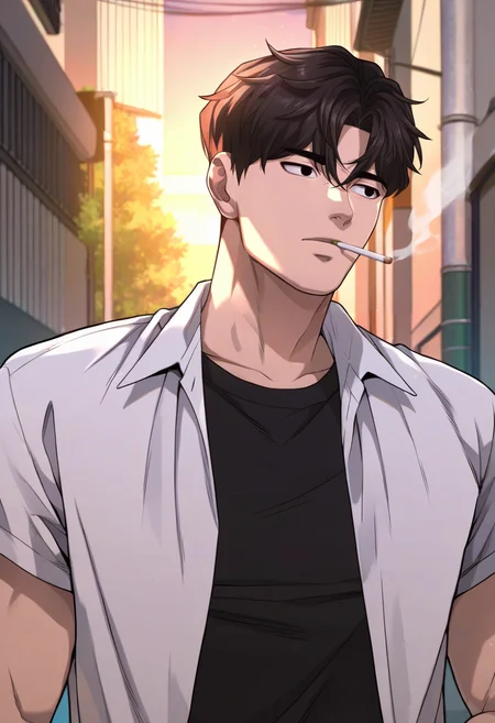 1boy, male focus, solo,
<lora:Character - Questism - Gu_HajunPony-10 (2):1> guhajun, short hair, black hair, black eyes, muscular, muscular male
((zPDXL)), score_9_up, score_8_up, score_7_up, score_6_up, score_5_up, score_4_up, best quality, amazing quality, best aesthetic, absurdres, year2023, uncensored, nsfw, official art, official style, depth of field, detailed eye,
outdoors, night, alley, school uniform, upper body, open shirt, t-shirt, smoking,