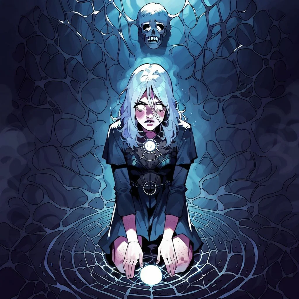 score_9, knva, 1girl, Sable Ward, on knees, salt circle, performing a magic ritual, white eyes, possessed, ethereal spider webs, horror, possession, etherial spiders, fog, shadows,