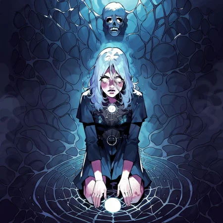 score_9, knva, 1girl, Sable Ward, on knees, salt circle, performing a magic ritual, white eyes, possessed, ethereal spider webs, horror, possession, etherial spiders, fog, shadows,