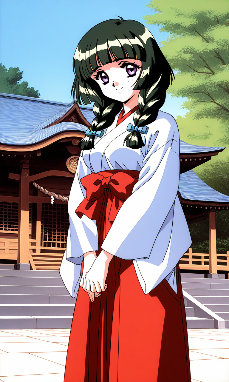 general,highres, ultra-detailed,very aesthetic,best quality ,best hands,  BREAK <lora:Kamiyama_Miko_OVA_IS:1>Kamiyama_Miko_OVA, 1girl,solo, dark green hair, twin braids, blunt bangs, hair over shoulder,  purple eyes, 1990s (style), anime coloring, breasts,
miko, solo, japanese clothes, red hakama, skirt, hakama, hakama skirt, 
long sleeves, long hair, smile, looking at viewer, wide sleeves, ribbon, hair ribbon, twintails, bow,
shrine, sky, Japan,