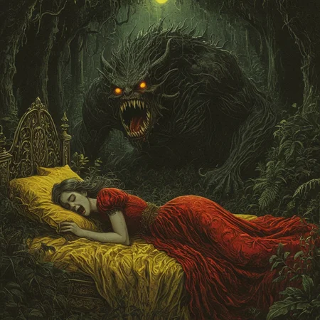 dark fantasy art style, a drawing illustrations of woman in a red dress sleeping on an ornate bed surrounded by dense foliage, behind her a hideous monster with glowing yellow eyes and sharp teeth emerges from the dark forest, grainy, painterly texture