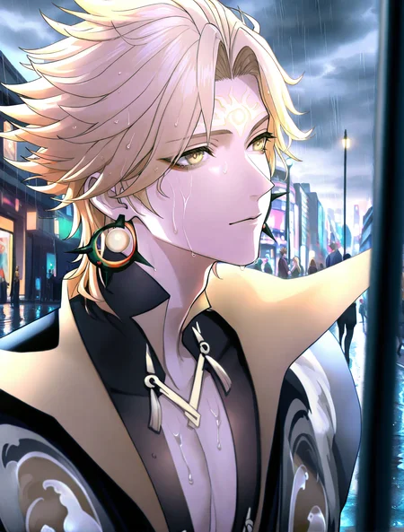 masterpiece,best quality,amazing quality,absurdres,volumetric lighting,very aesthetic,newest,highres,
(solo:1.3),1boy,male,<lora:susanoo_onmyoji-000010:1>,susanoo \(onmyoji\),blonde hair,yellow eyes,male focus,earrings,jewelry,bishounen,spiked hair,
beautiful_detailed_eyes,finely detail,colorful refraction,beautiful,cinematic lighting,<lora:ClearHand-V2:1>,<lora:DetailedEyes_V3:1>,<lora:detailed hand focus style illustriousXL v1:1>,downtown,street,crowd,cityscape,city,road,lamppost,dept,<lora:checkpoint-e18_s378:0.8>,heavy-rain,rain,wet,cloudy,dark,wet clothes,wet hair,<lora:last:0.5>,gyarutomamadesuzo,<lora:GMXLillokrV5311P:0.6>,