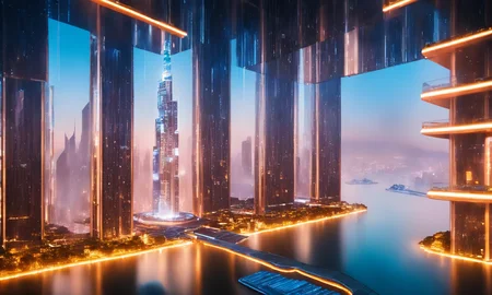 sky, city, lights, night, building, tower, scenery, bidge, architecture, cityscape, skyline, outdoors, skyscraper, background, street, humans, river, cloud, painting, tree, water, sunset, east asian architecture, railing, lamppost, blue theme, city lights, bridge, no humans, night sky, road, people, artist name, real world location, bush, signature,
A futuristic city at dusk. the city is filled with tall buildings and skyscrapers, all of which are lit up with colorful lights. in the center of the image, there is a large bridge that spans across a body of water. the sky is dark blue and the sun is setting in the background, casting a warm glow over the city. on the left side of the bridge, there are several tall buildings with glass windows, and on the right side, there appears to be a train station or a railway track. the buildings are arranged in a grid-like pattern, with some taller than others. the water below the bridge is calm and reflects the lights from the city, creating a mirror-like effect on the surface of the water below. overall, the image conveys a sense of depth and dimension, as if the city is bustling with activity and energy.
 <lora:skyline:1>
