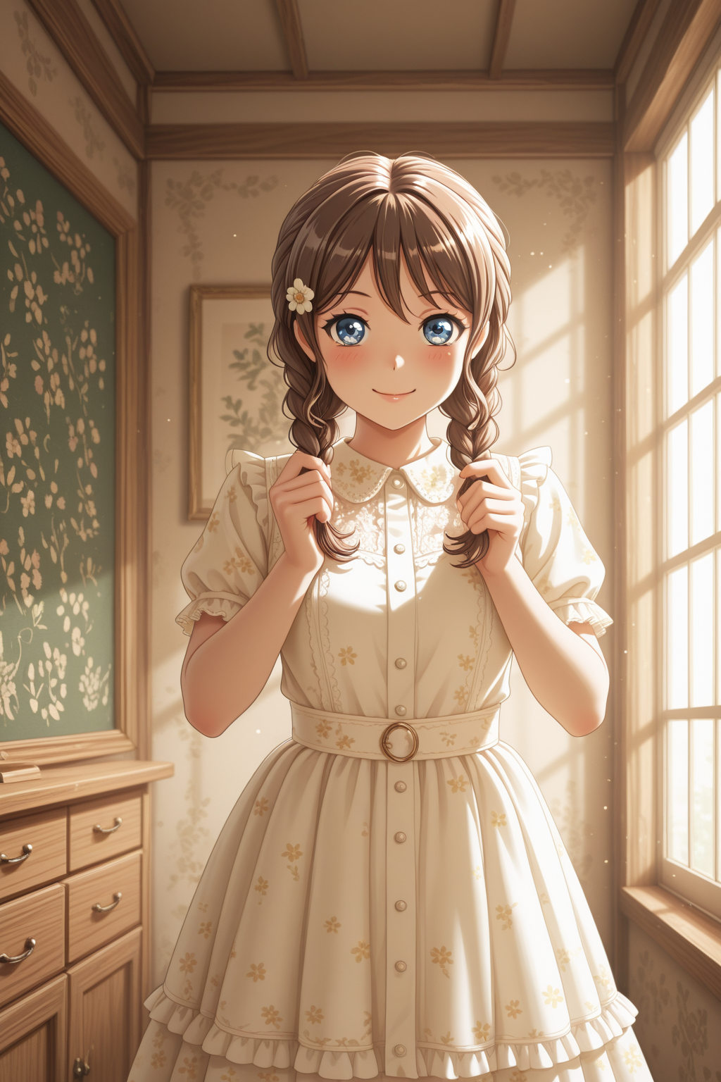 masterpiece, best quality, amazing quality, 1girl, solo, makeup, general, looking at viewer, blush, highres, cowboy shot, smile, indoors, birthday, sunlight, window, holding hair, hands up, <lora:Yamabuki_Saaya_Ban_Dori:1>, Yamabuki_Saaya_Ban_Dori, blue eyes, brown hair, long hair, twin braids, hair flower, hair ribbon, bow, breasts, sidelocks, white dress, frilled dress, floral print, vintage decorations, <lora:wai-2Rectified-V140:1>, <lora:illustrious_noobai_epsilon_pred_1_masterpieces_v1:1>